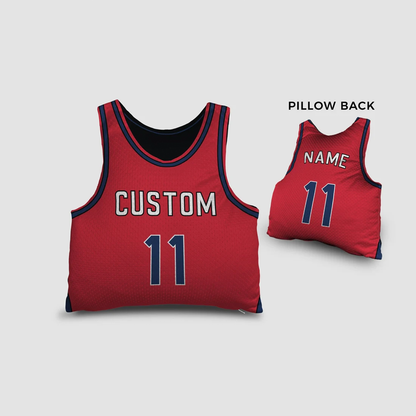 Personalized basketball jersey throw pillow in crimson as sports fan birthday gift
