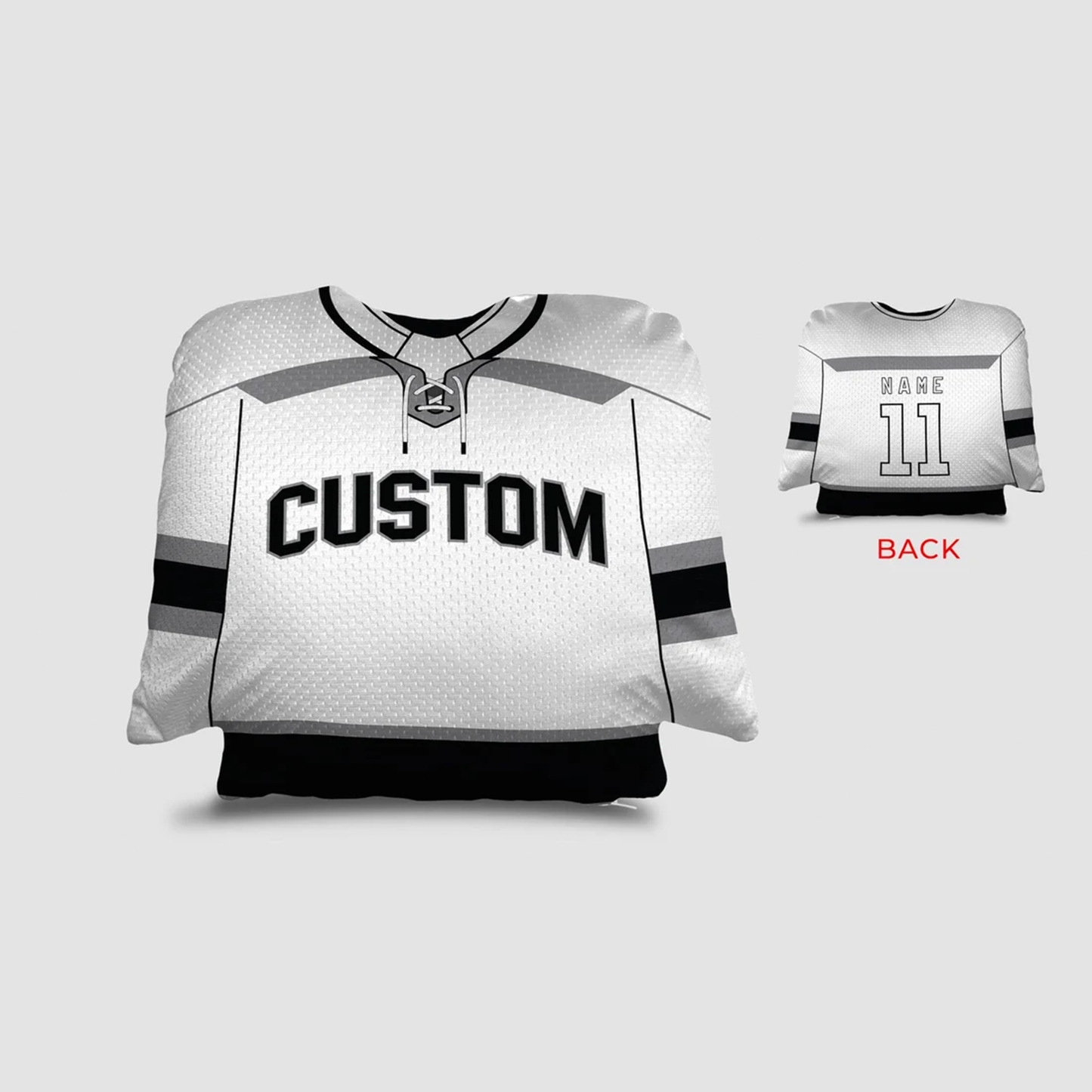Hockey jersey personalized throw pillow in white and black as custom birthday gift