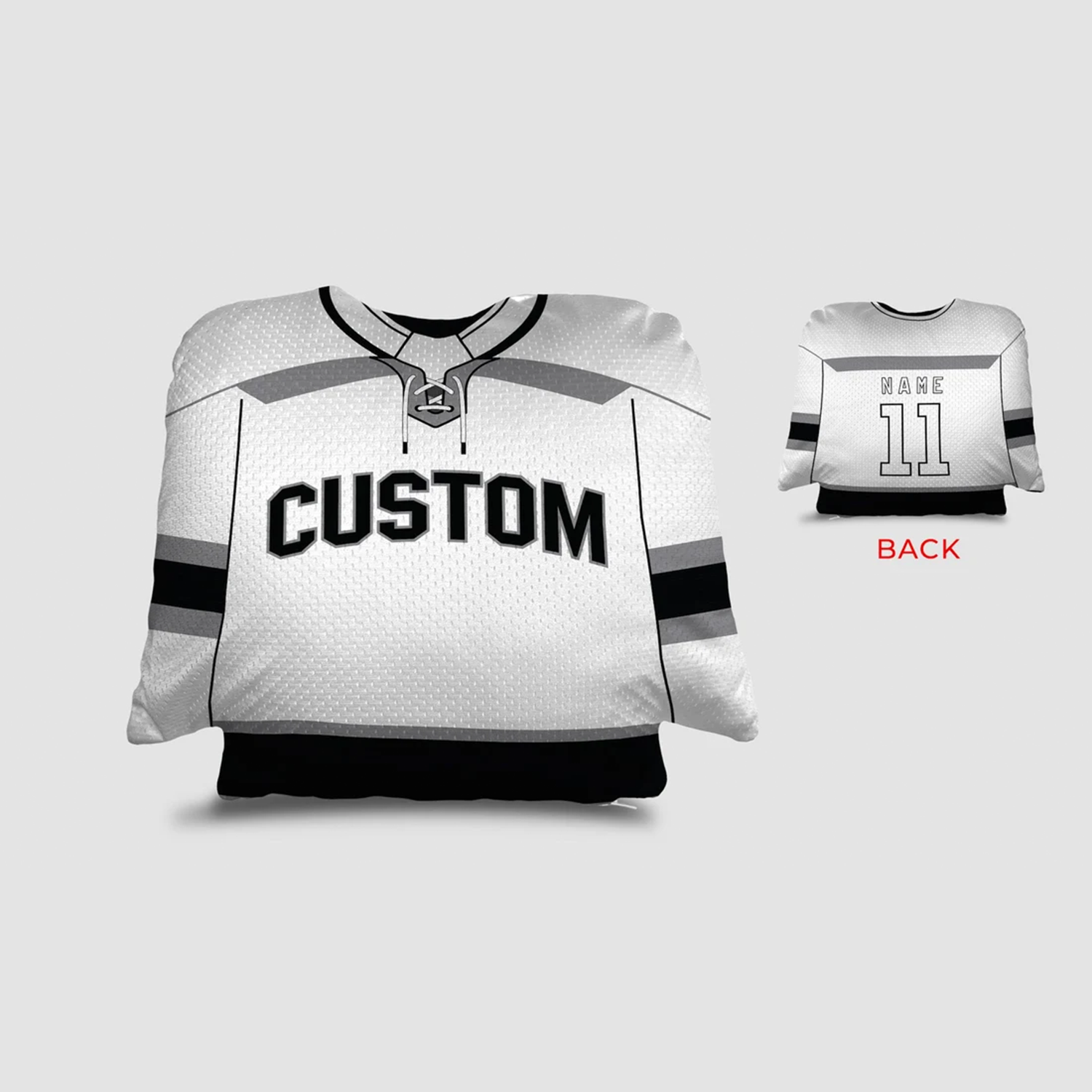 Hockey jersey personalized throw pillow in white and black as custom birthday gift