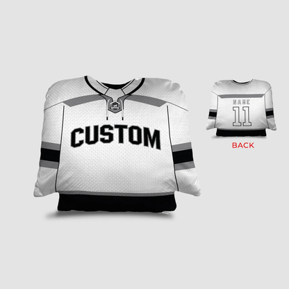 Hockey jersey personalized throw pillow in white and black as custom birthday gift