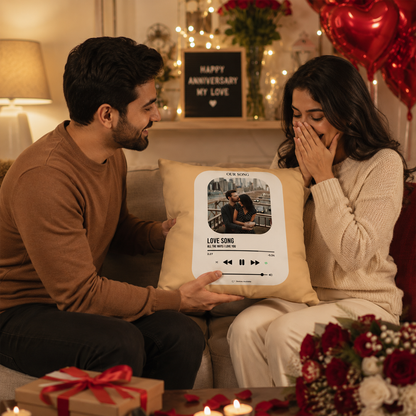 Custom photo love song pillow as beautiful Valentines Day gift for couples

