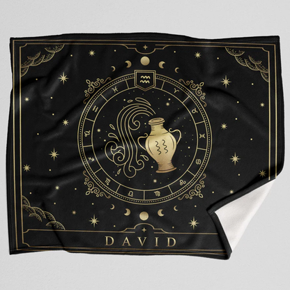 Custom Aquarius zodiac throw blanket with personalized name on soft fleece
