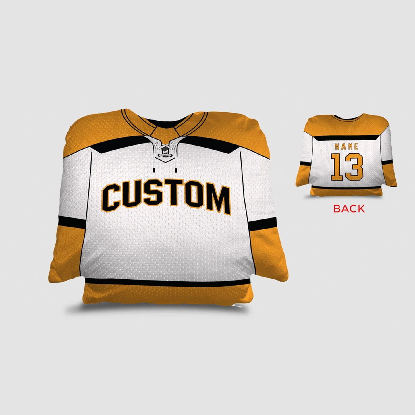 Hockey jersey personalized throw pillow in white gold and white as custom sport gift