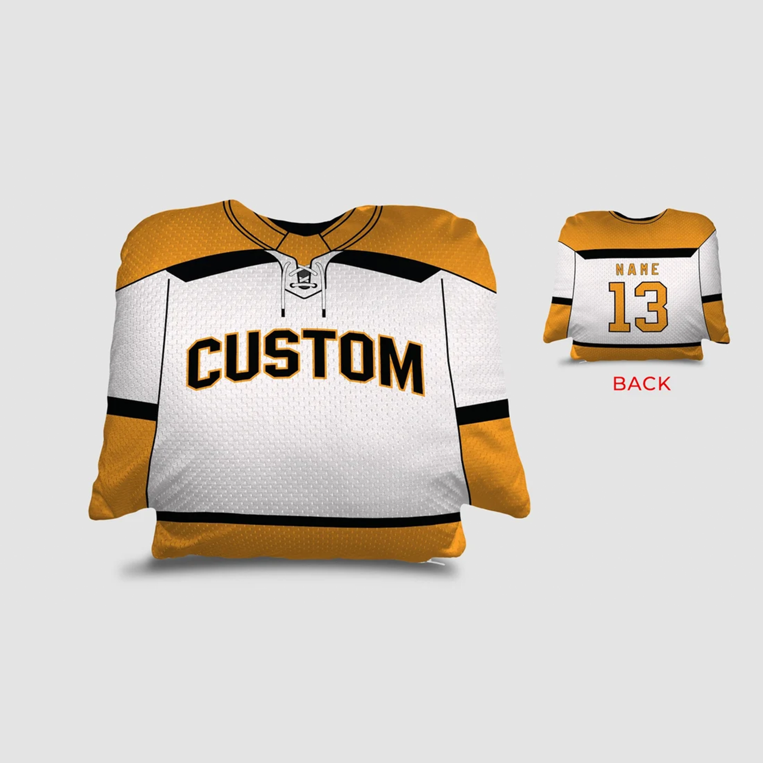 Hockey jersey personalized throw pillow in white gold and white as custom sport gift