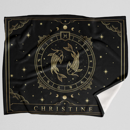 Custom Pisces zodiac throw blanket with personalized name on soft fleece
