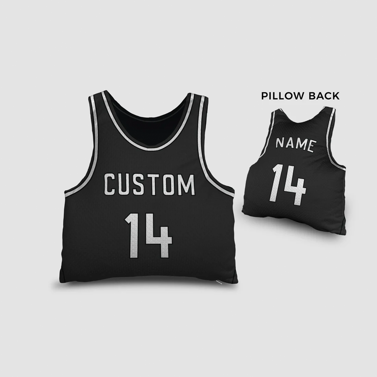 Personalized basketball jersey pillow in black & white as coastal sports decor gift
