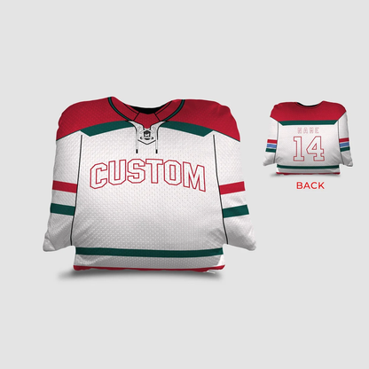 Hockey jersey throw pillow in white red and green as custom personalized team gift