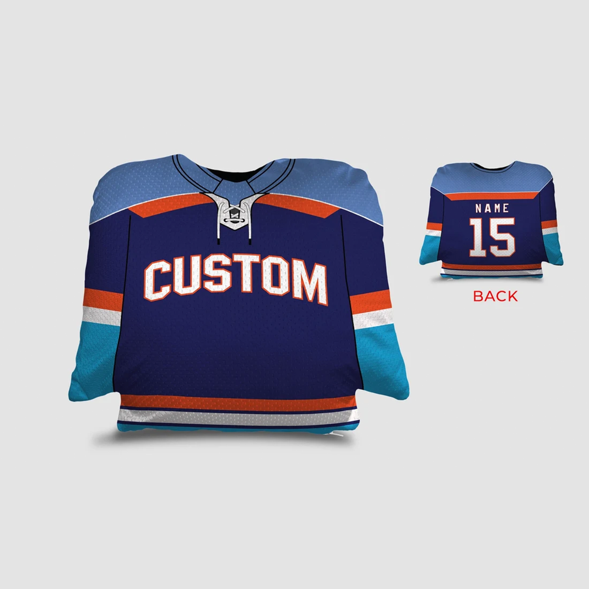 Hockey jersey personalized throw pillow in navy orange and blue as custom team gift