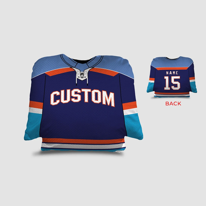 Hockey jersey personalized throw pillow in navy orange and blue as custom team gift