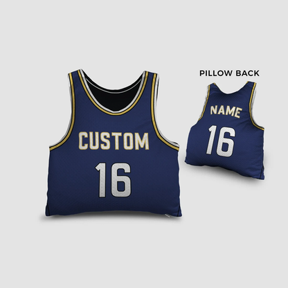 Personalized basketball jersey pillow in navy blue as coastal sports decor gift
