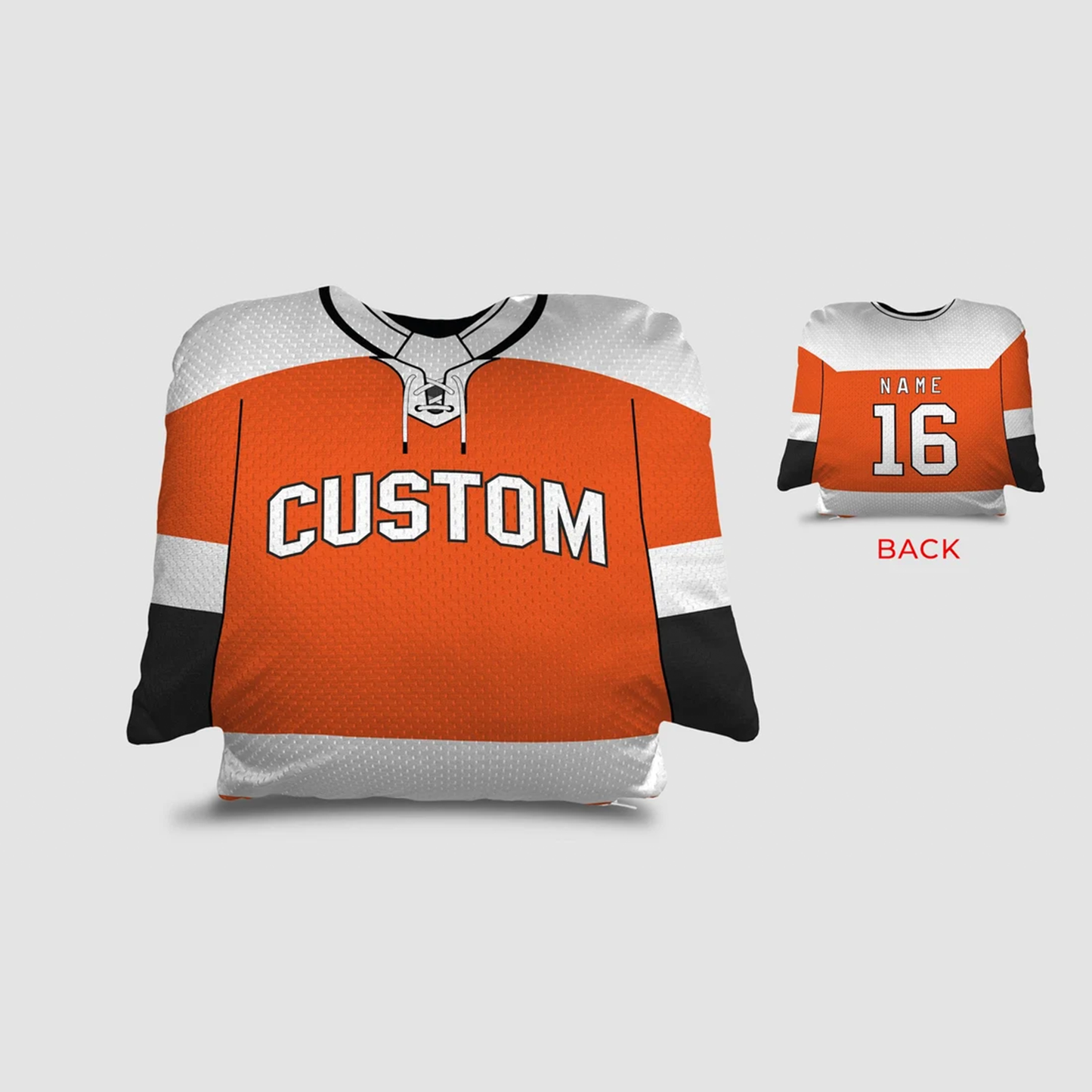 Hockey jersey throw pillow in orange black and white as custom personalized gift