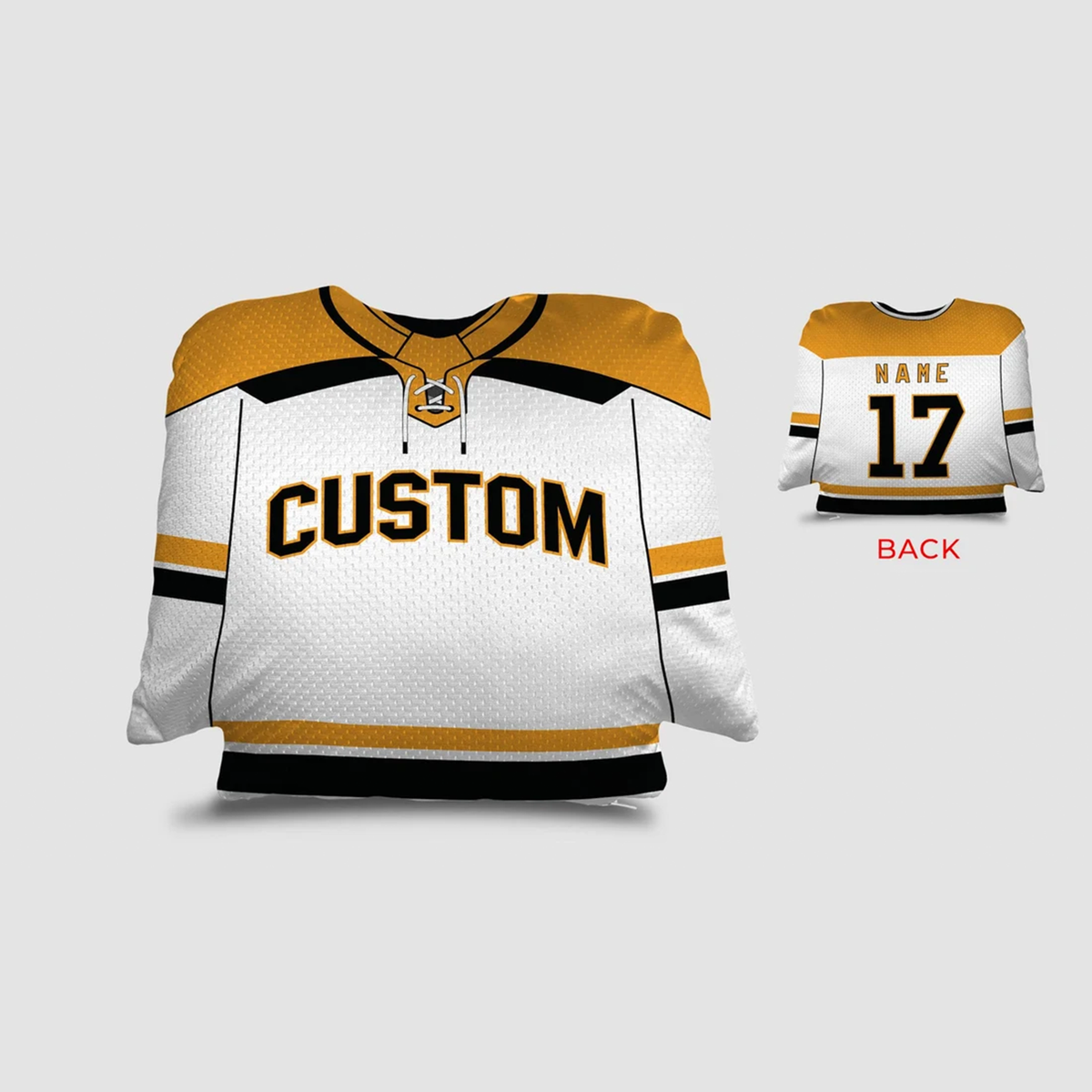 Hockey jersey personalized throw pillow in white gold and black alternate team gift