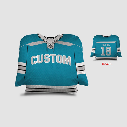 Hockey jersey throw pillow in aqua gray and white as custom personalized sports gift