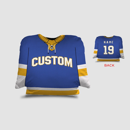 Hockey jersey personalized throw pillow in royal blue gold and white as team gift