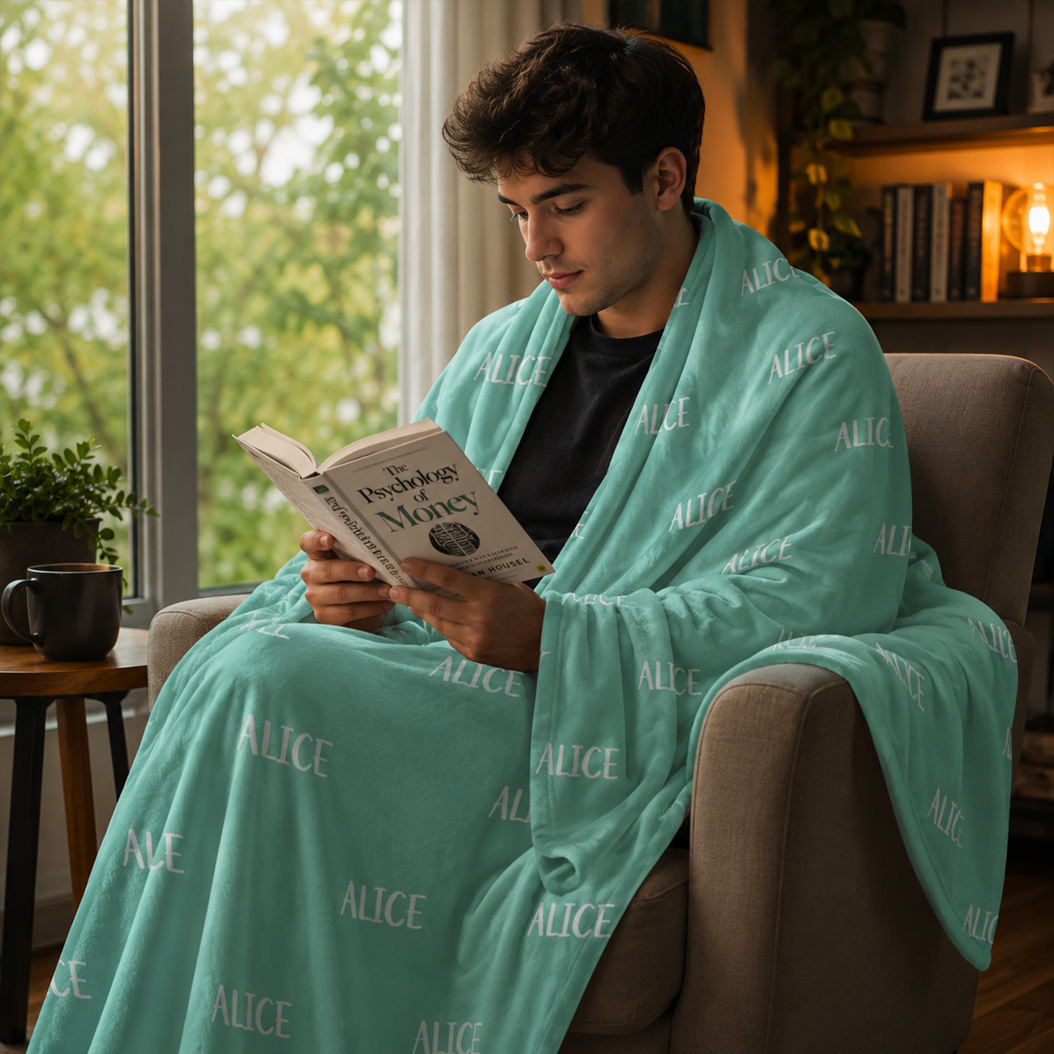 Personalized name and color fleece throw blanket showing cozy drape and soft texture
