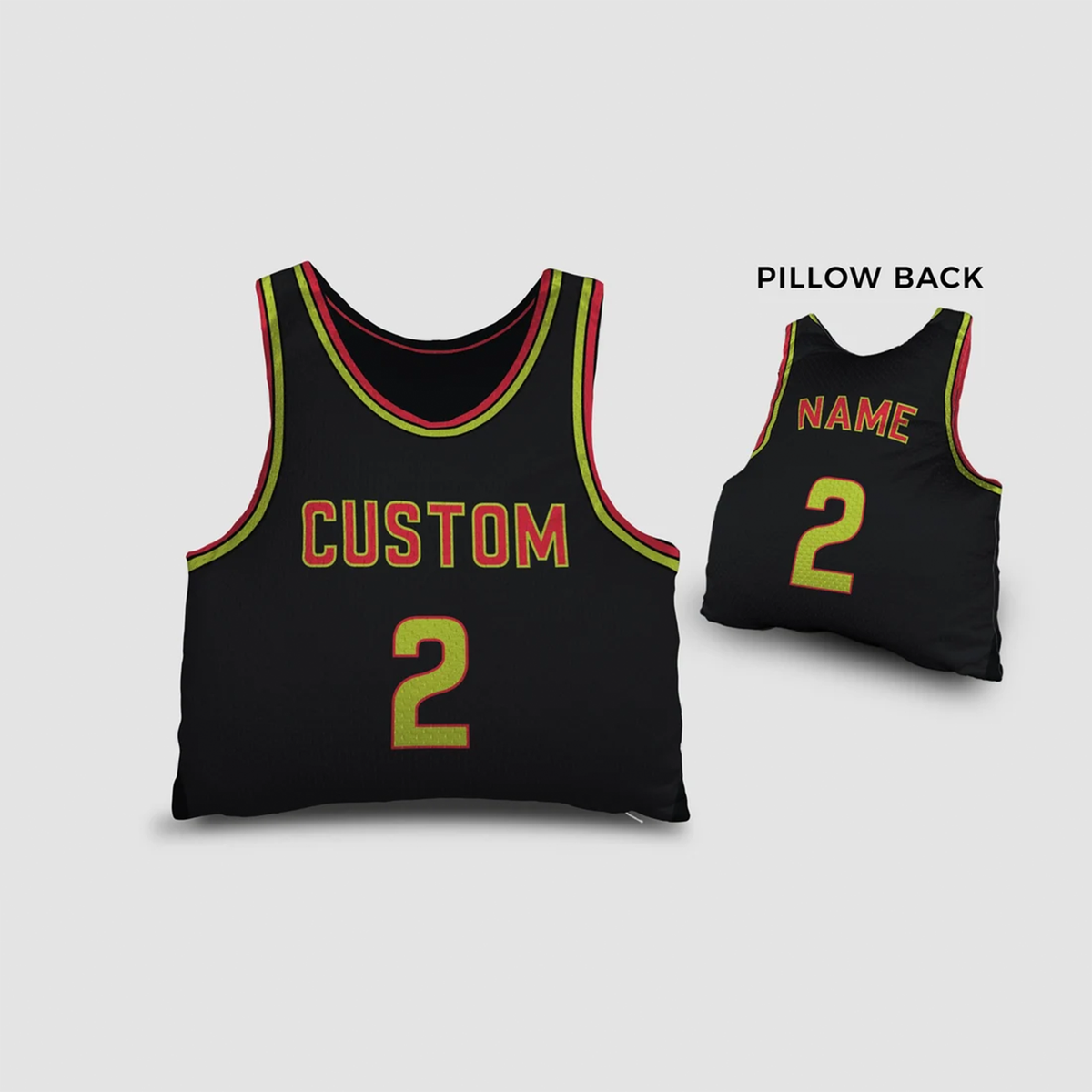 Basketball jersey throw pillow in black & neon red as custom name birthday gift for fans
