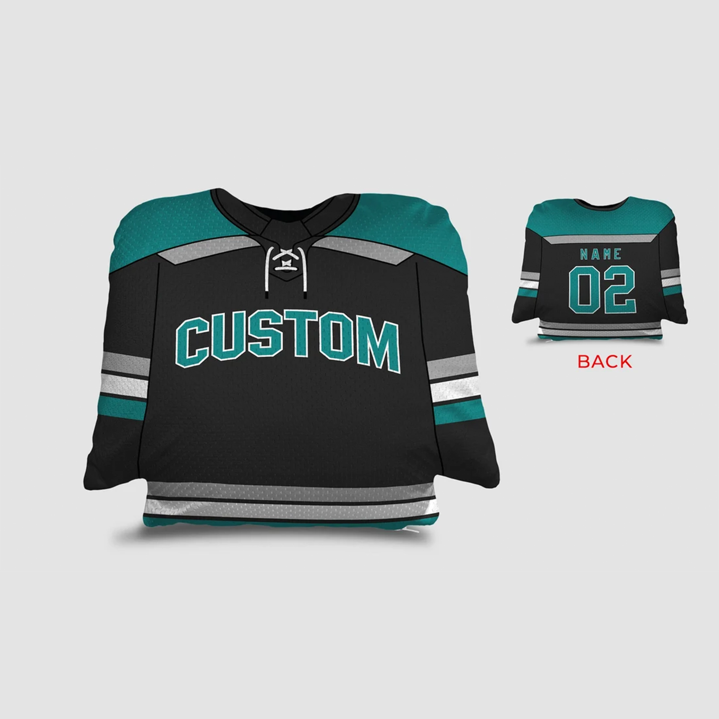 Hockey jersey throw pillow in black white and teal as personalized birthday gift