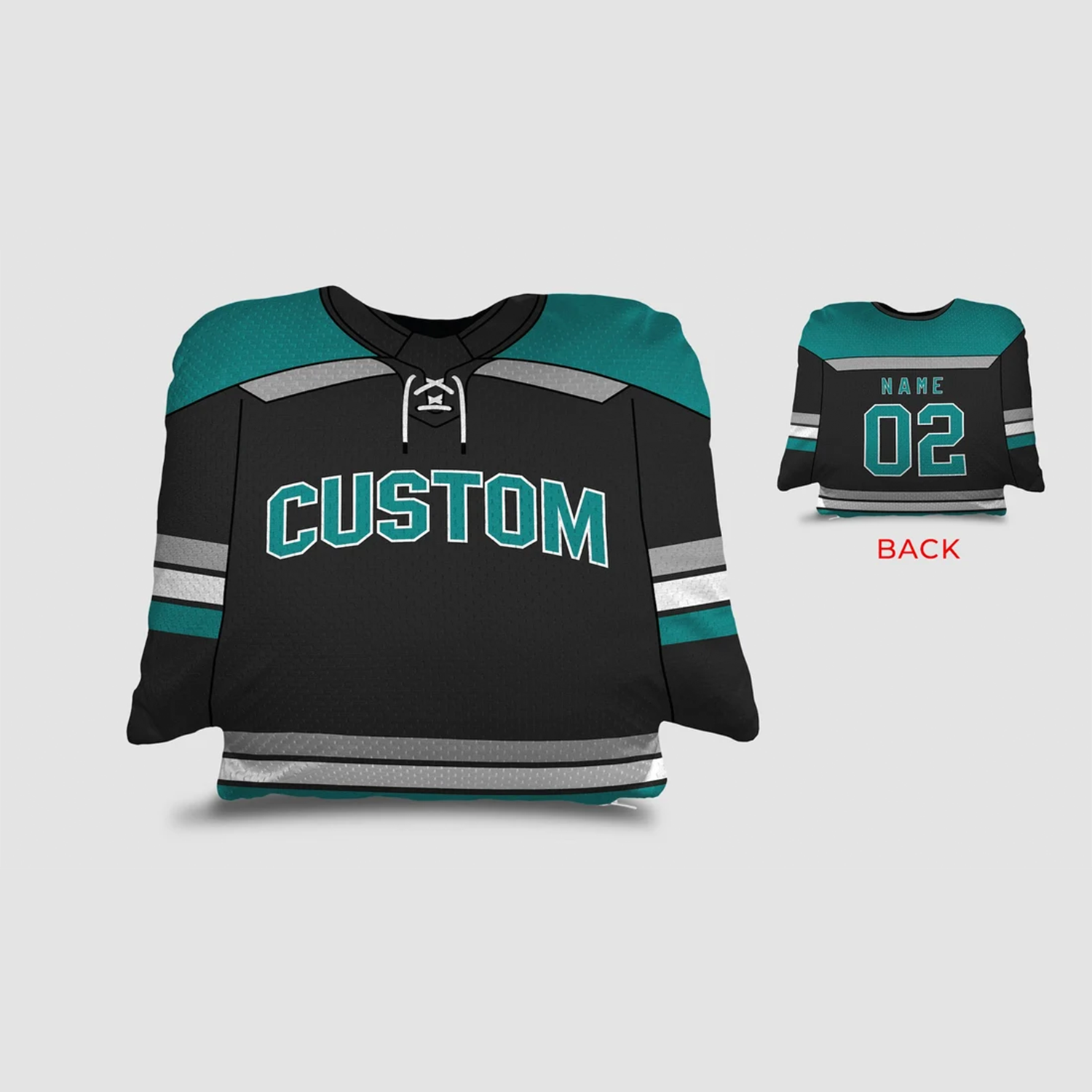 Hockey jersey throw pillow in black white and teal as personalized birthday gift