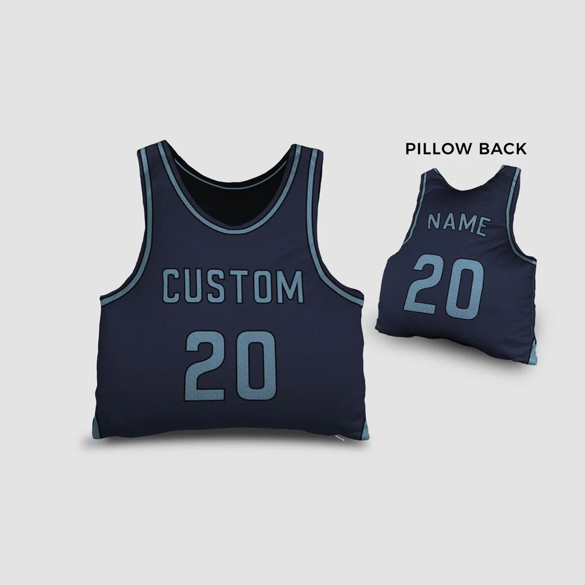 Custom name basketball jersey throw pillow in deep navy blue for fan birthday gift
