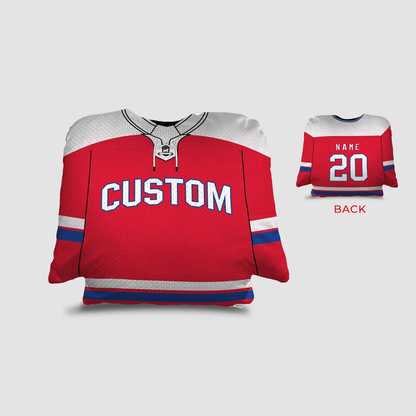 Hockey jersey throw pillow in red white and blue as custom personalized team gift