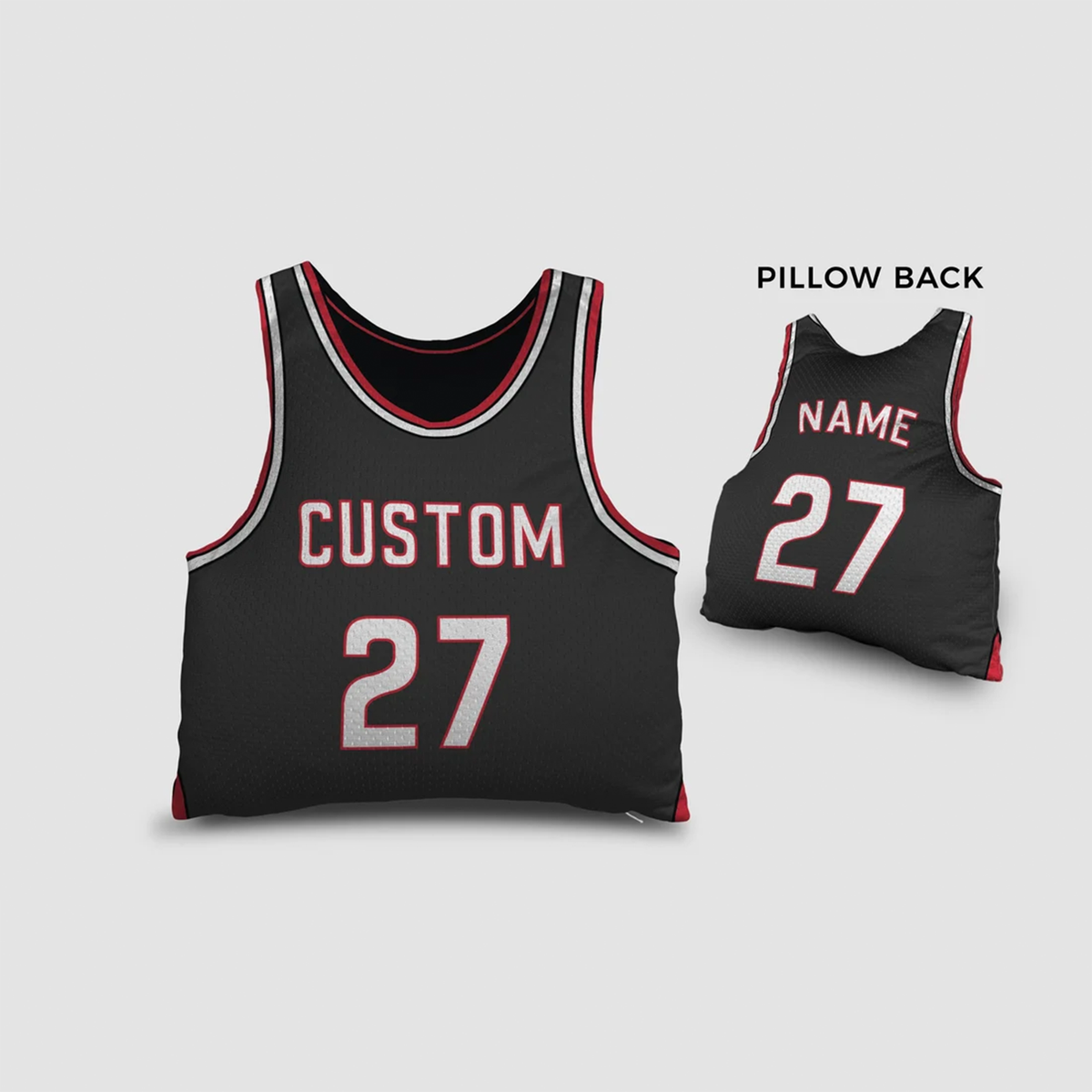 Custom basketball jersey pillow in black as personalised birthday gift for fans
