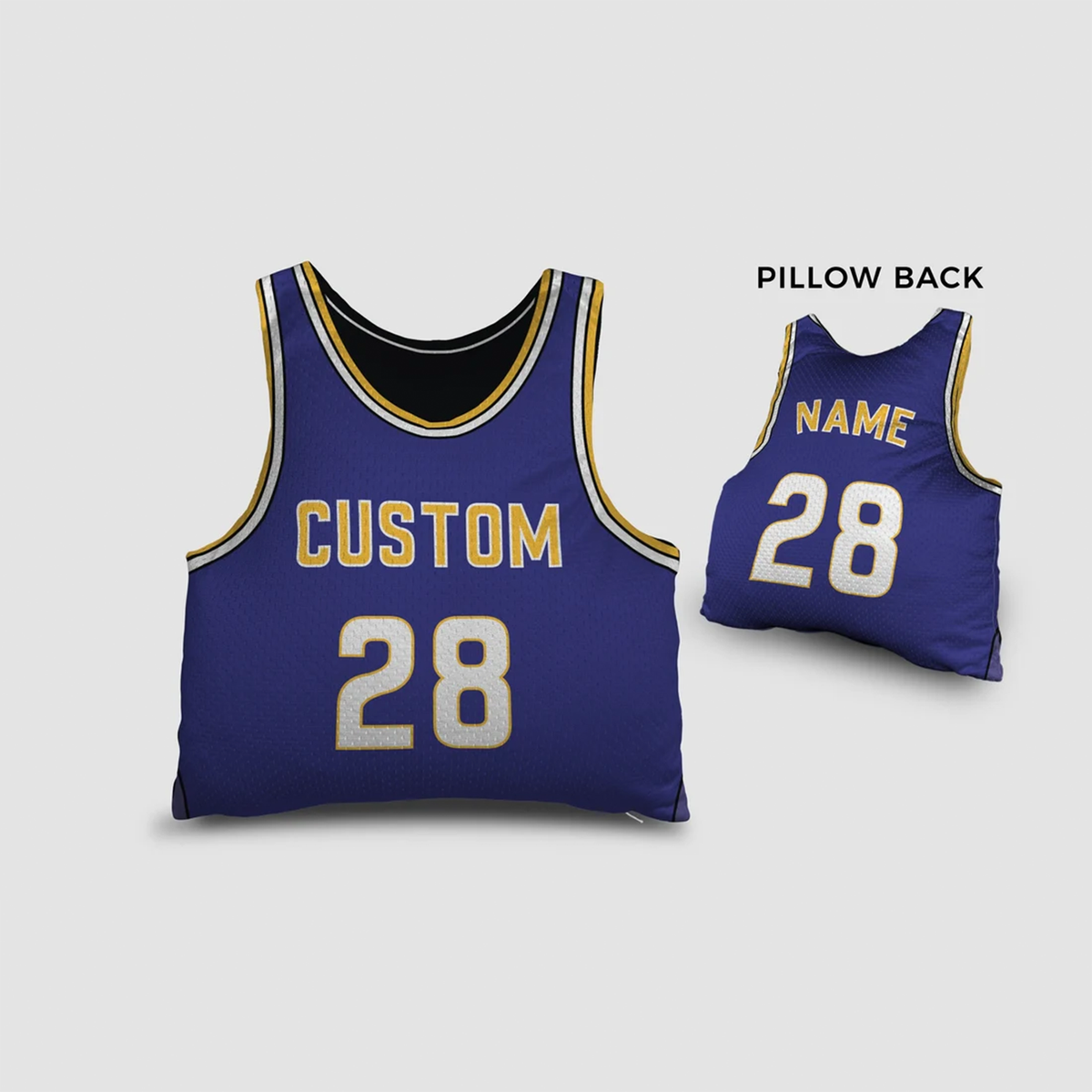 Custom basketball jersey pillow in blue as personalised birthday gift for fans
