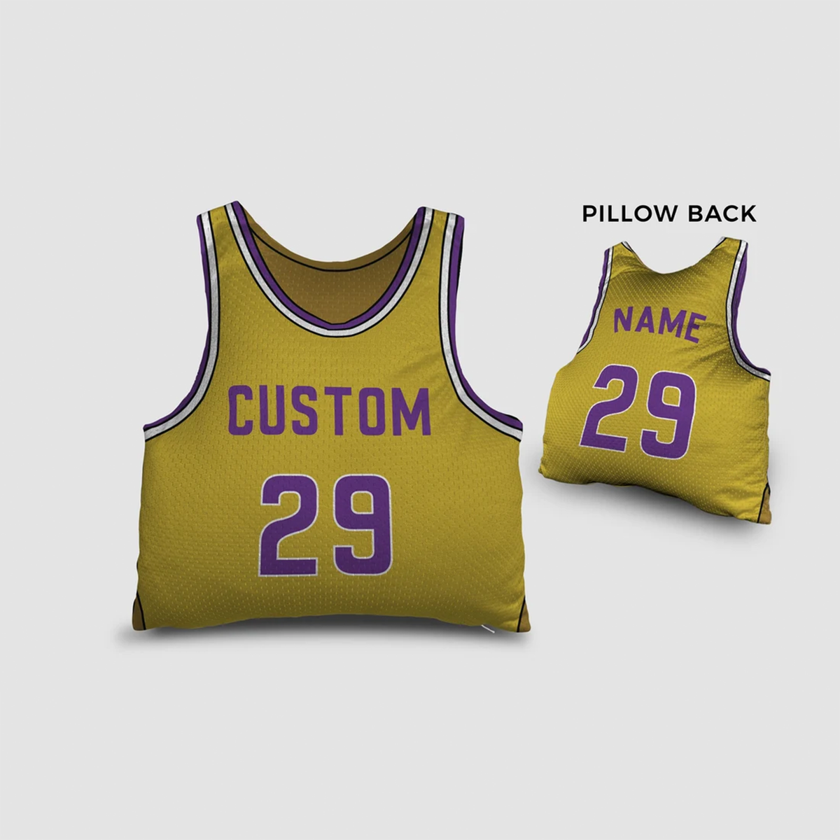 Basketball jersey pillow in yellow and purple as custom team spirit gift for fans
