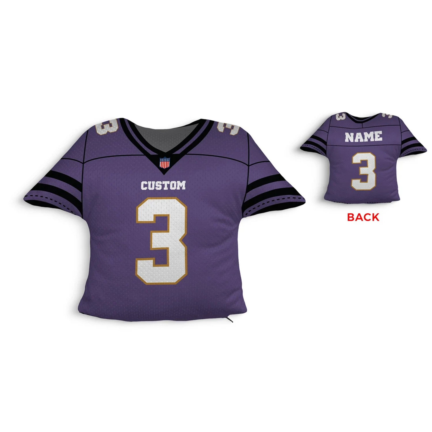 Personalized football jersey throw pillow in purple as unique sports gift for fans
