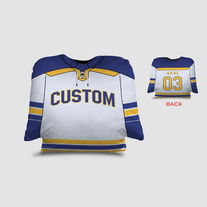 Hockey jersey throw pillow in yellow royal and white as custom personalized team gift