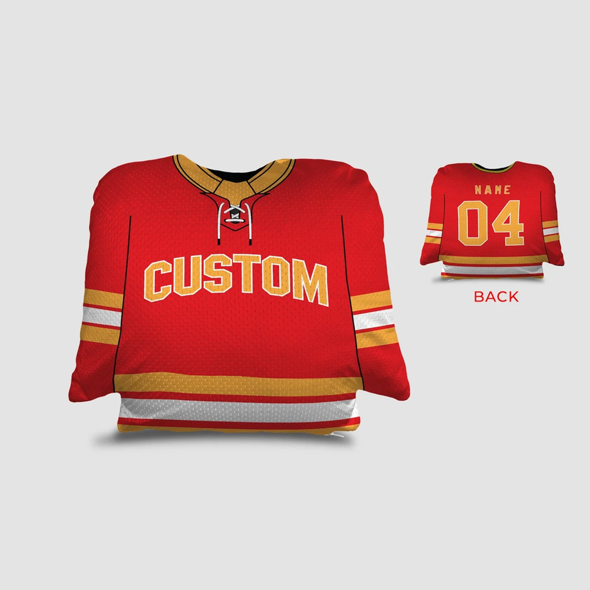 Hockey jersey throw pillow in red yellow and white as custom birthday gift for fans