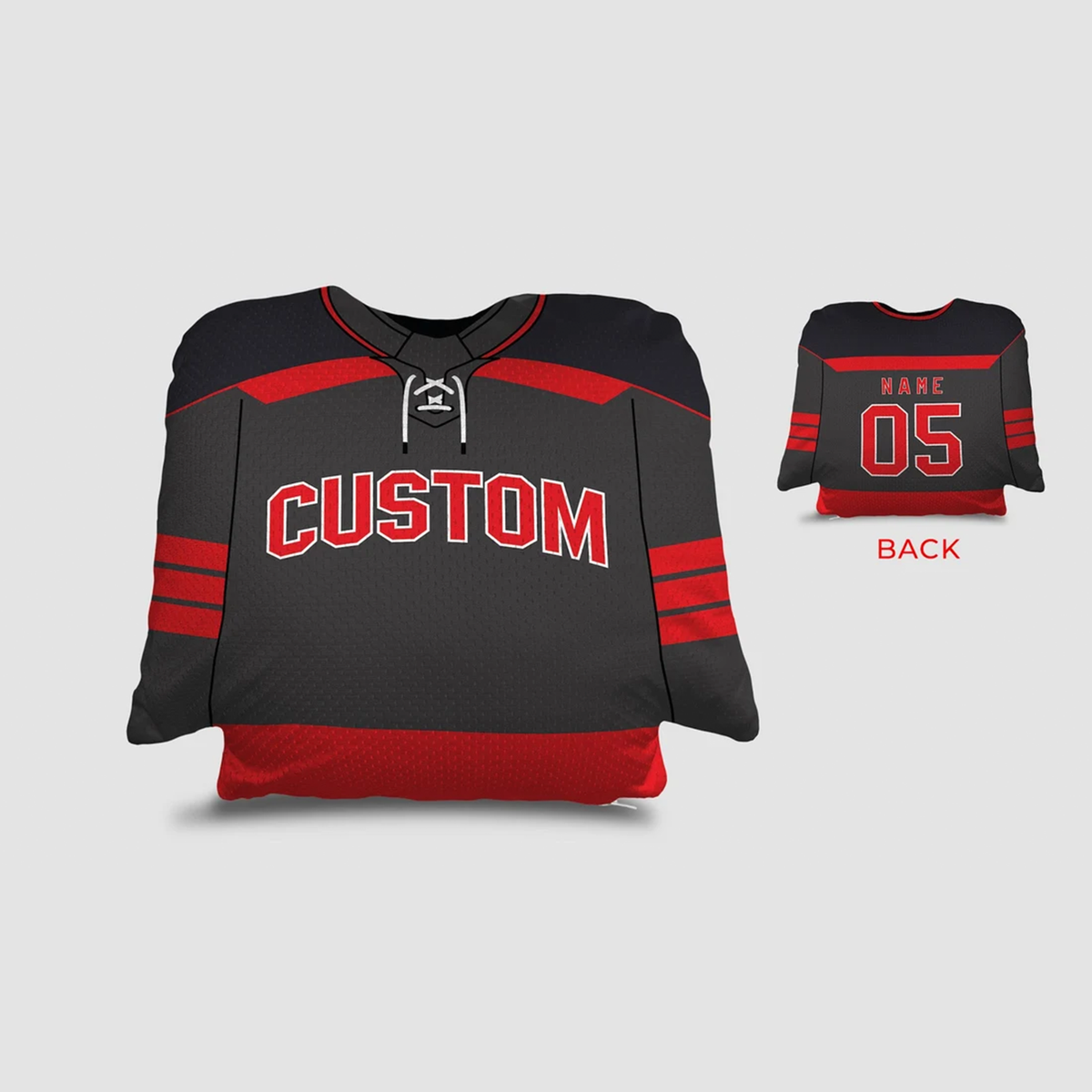 Hockey jersey personalized throw pillow in black red and white as custom team gift
