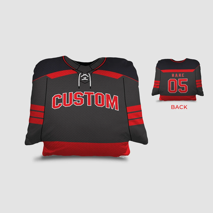 Hockey jersey personalized throw pillow in black red and white as custom team gift
