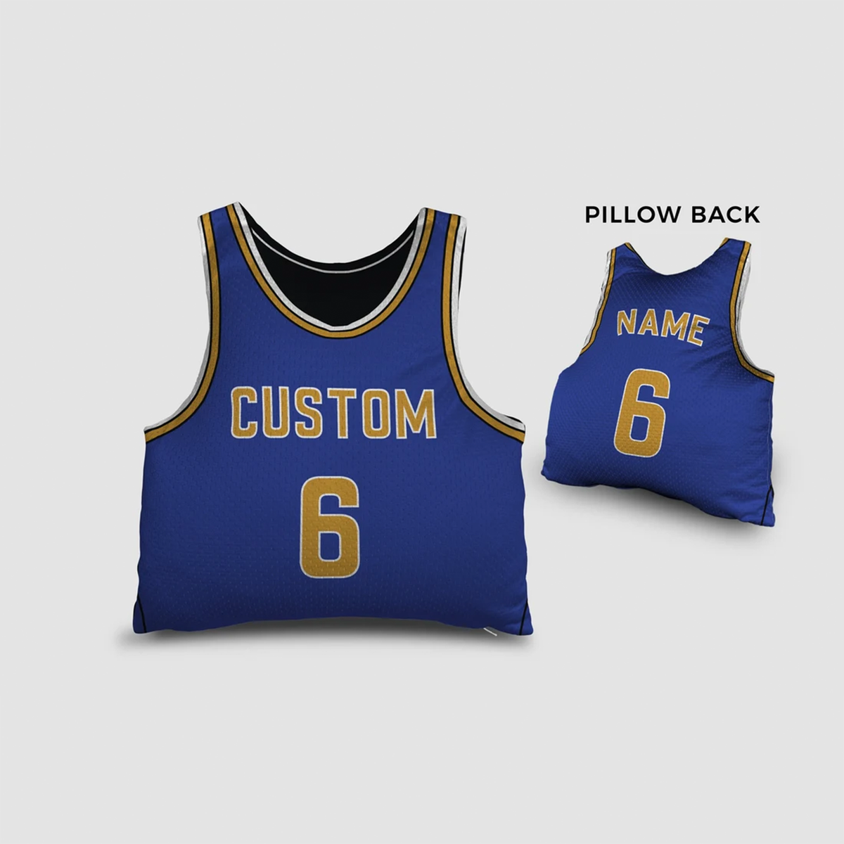 Basketball jersey throw pillow in royal blue with custom name for fan birthday gift
