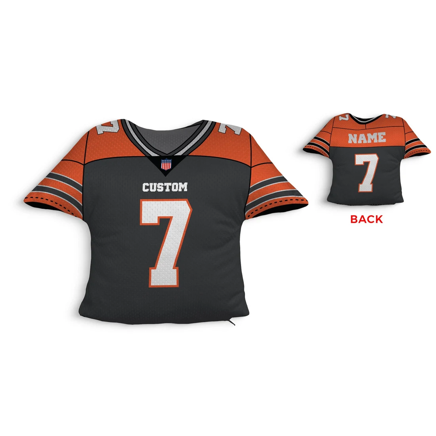 Custom football jersey pillow in black & orange as personalised birthday gift for fans
