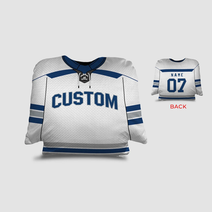 Hockey jersey personalized throw pillow in white blue and gray as custom team gift