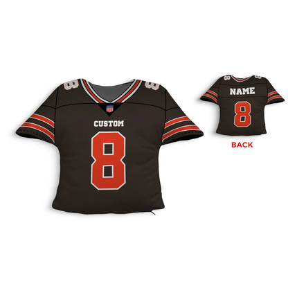 Custom football jersey pillow in black & red as personalised birthday gift for fans
