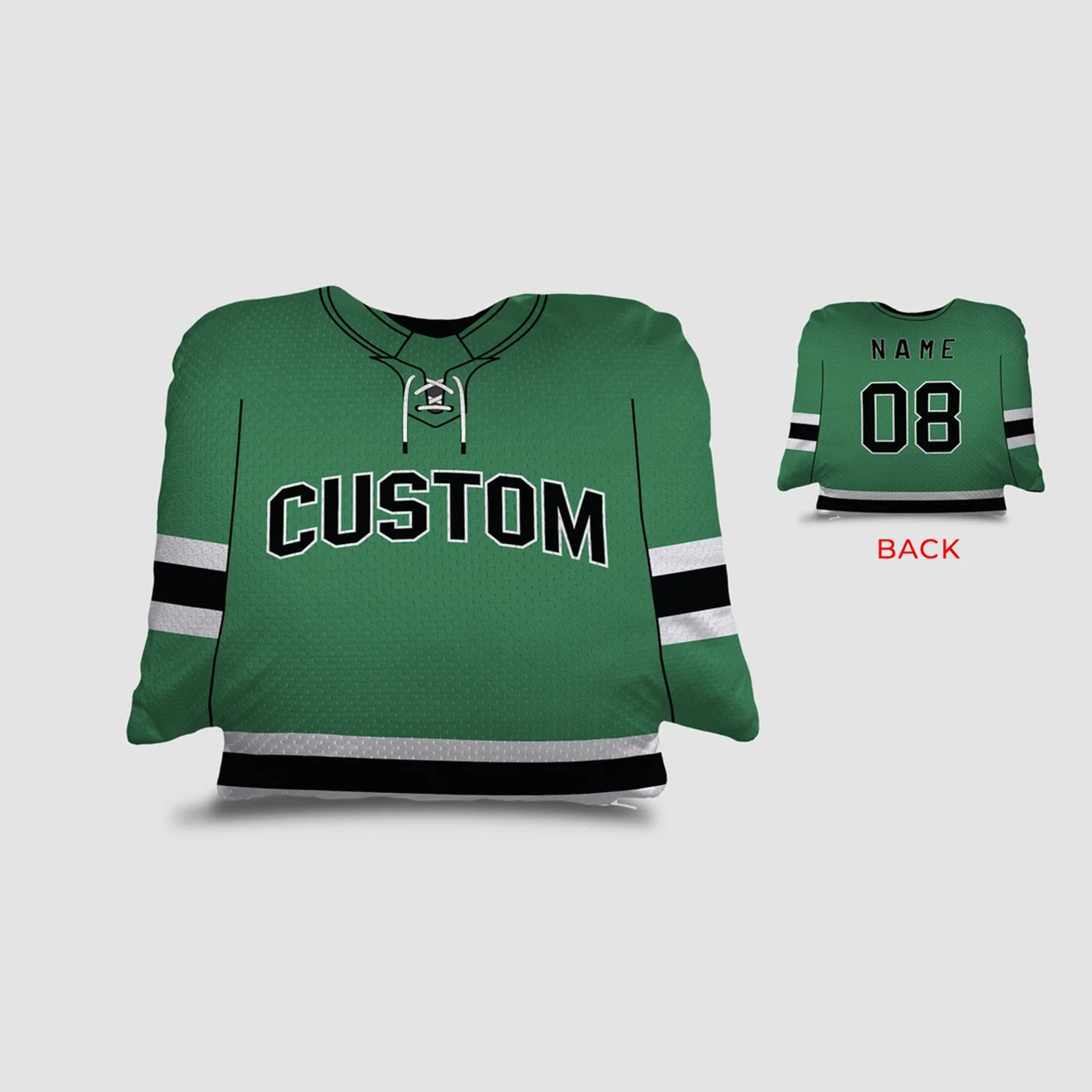 Hockey jersey throw pillow in green and black as custom personalized birthday gift