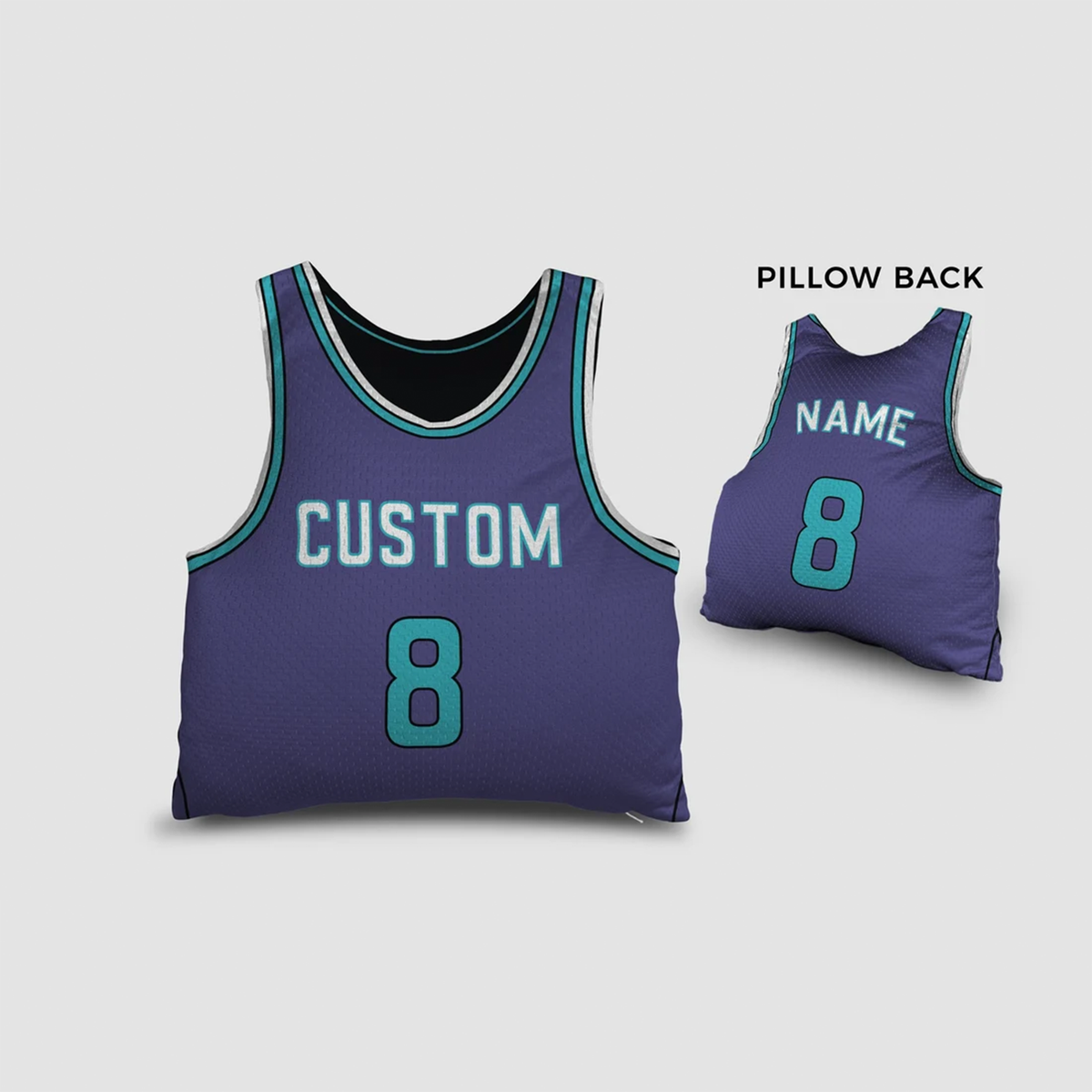 Personalized basketball jersey throw pillow in purple & teal as unique sports gift for fans

