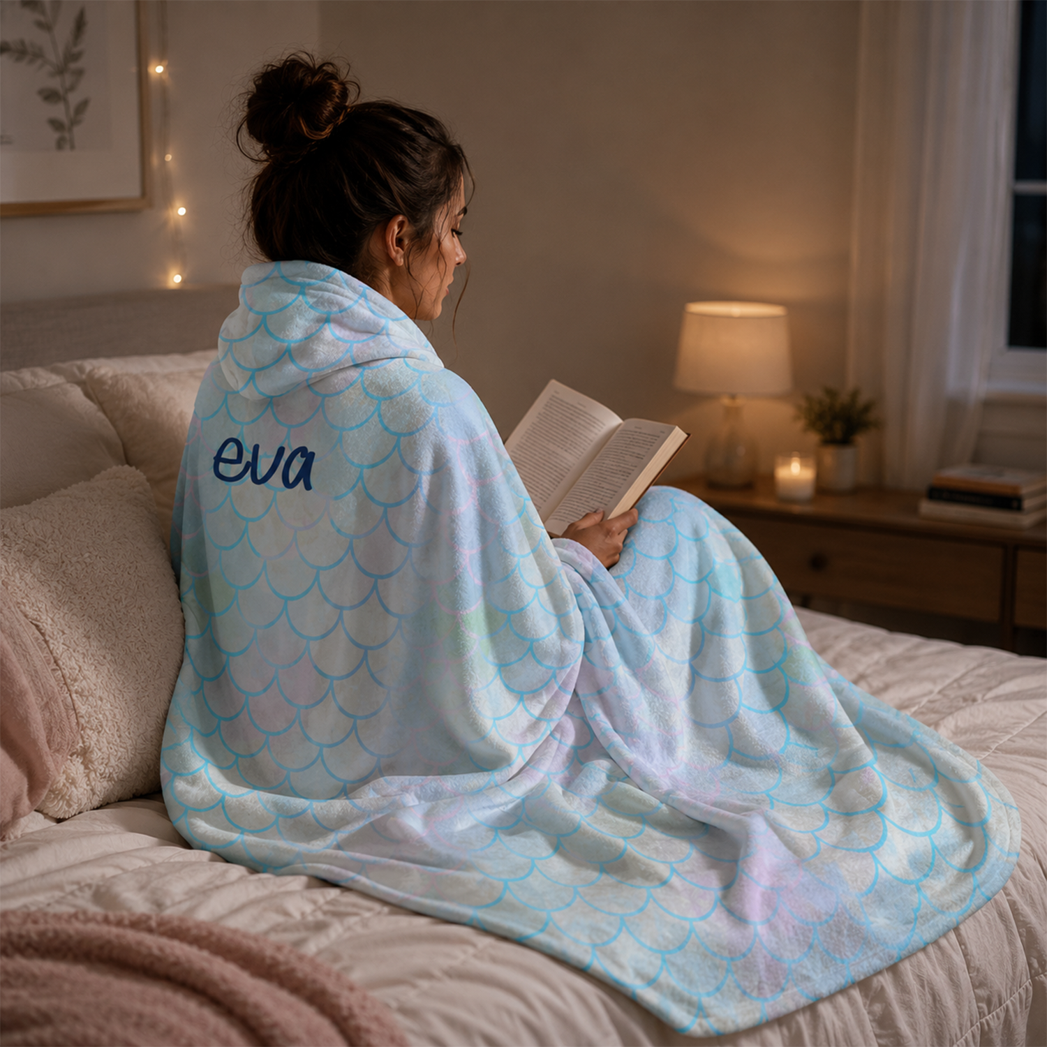 Custom name hooded wearable blanket in aquamarine Minky fleece for coastal lovers
