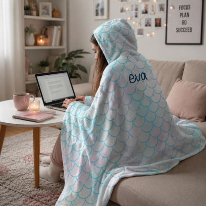 Woman wearing personalized aquamarine hooded blanket as coastal birthday gift
