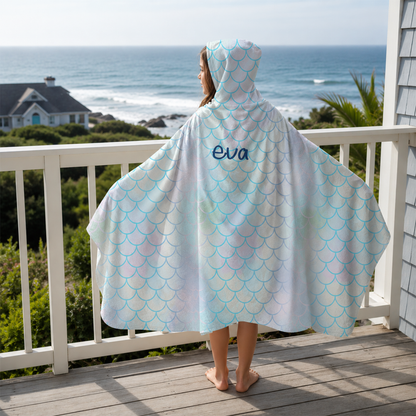 Aquamarine personalized hooded blanket showing full 47 by 78 inch Minky fleece size
