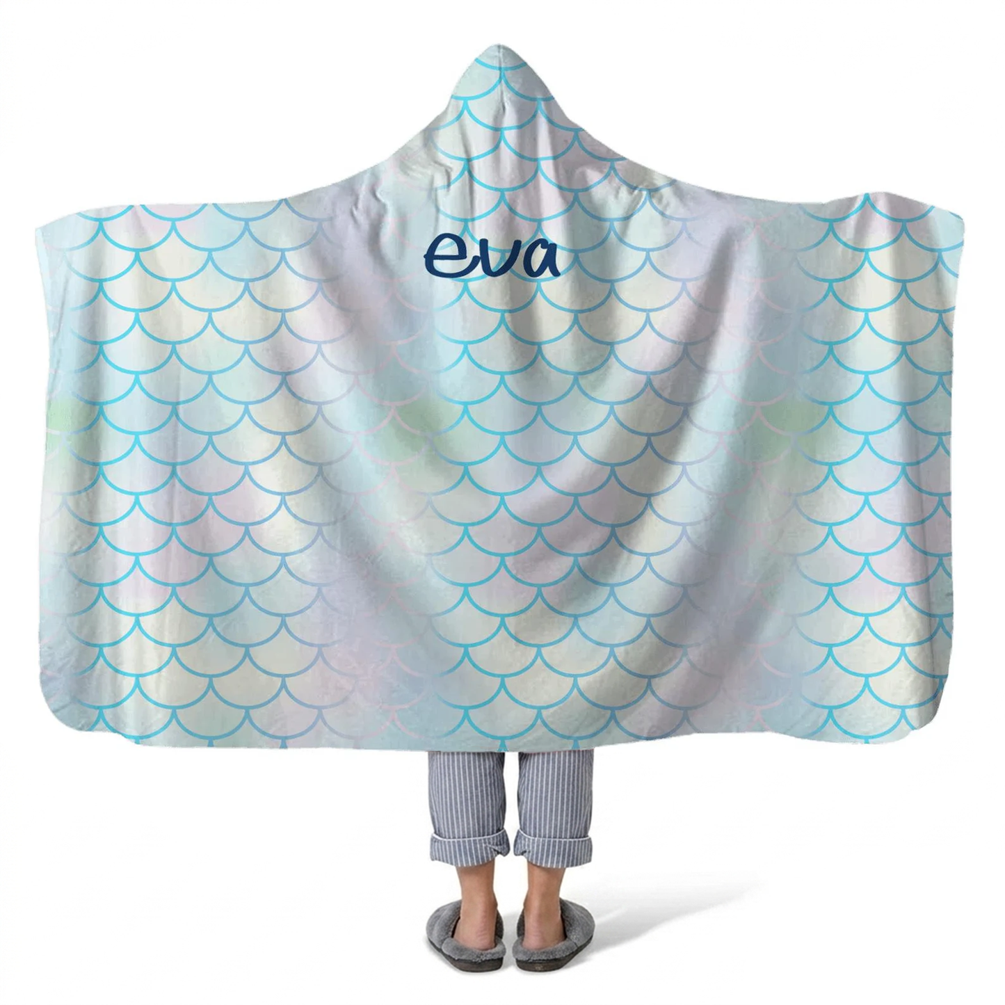 Aquamarine personalized hooded fleece blanket with custom name in coastal blue design
