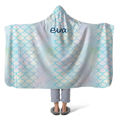 Aquamarine personalized hooded fleece blanket with custom name in coastal blue design
