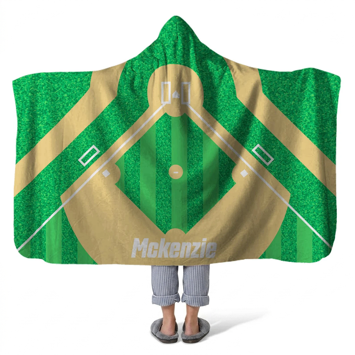 Baseball field personalized hooded fleece blanket with custom name in sports design
