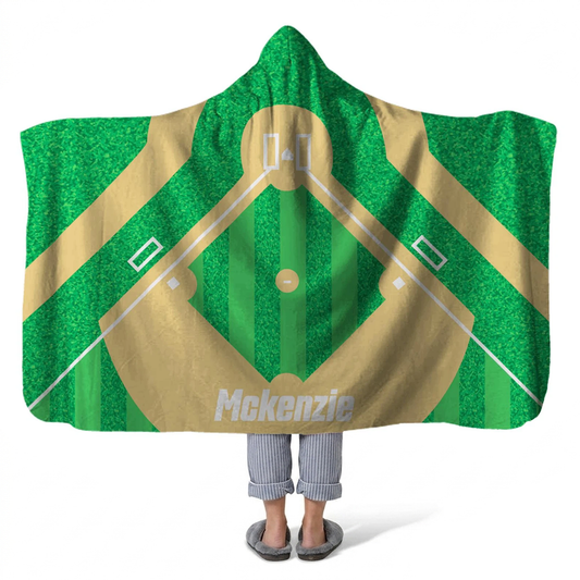 Baseball field personalized hooded fleece blanket with custom name in sports design
