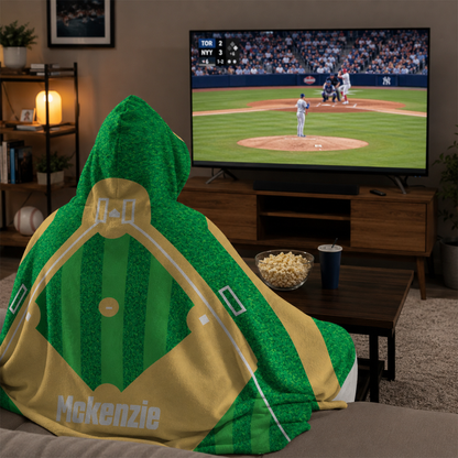 Personalized baseball field hooded blanket as birthday gift for youth baseball player
