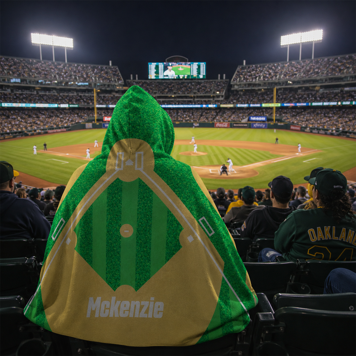 Close-up of custom name on baseball field Minky fleece hooded wearable blanket
