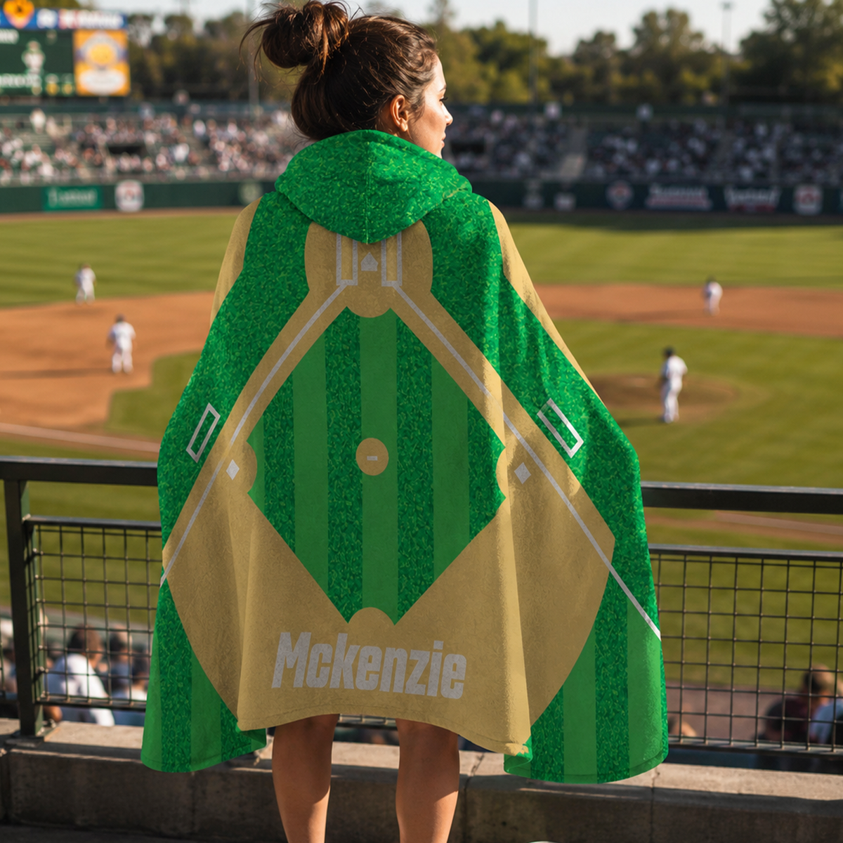 Baseball player wearing personalized hooded fleece blanket as end of season gift
