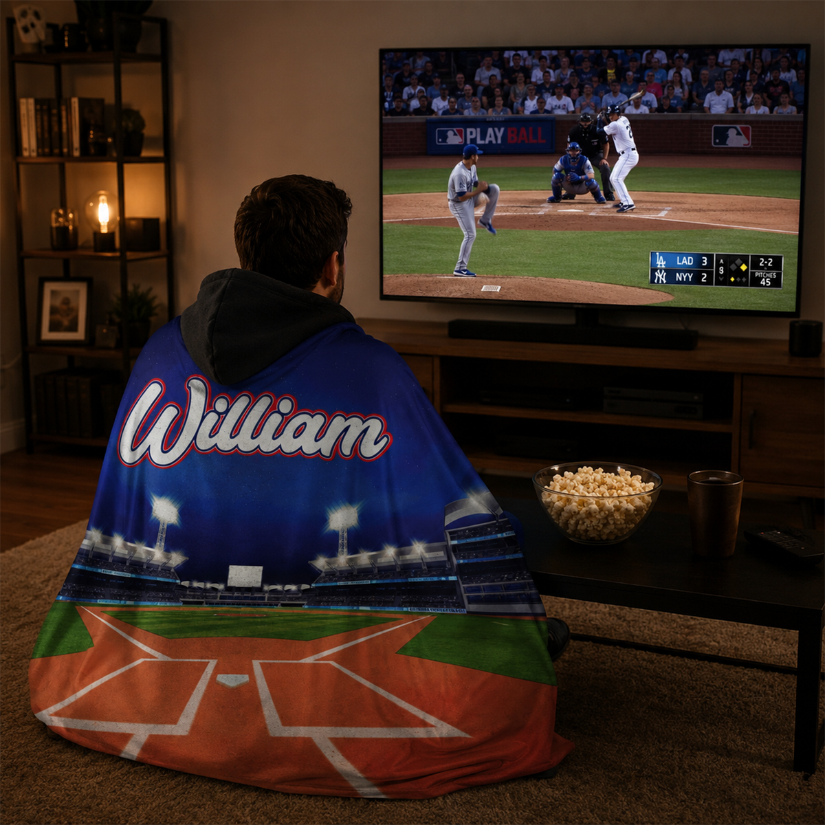 Fan wearing personalized baseball grandstand hooded blanket at outdoor game day

