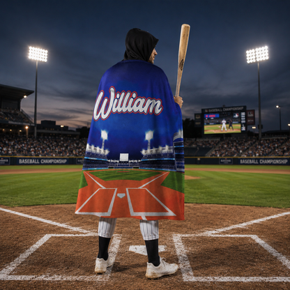 Baseball grandstand personalized hooded blanket showing full 47 by 78 inch size
